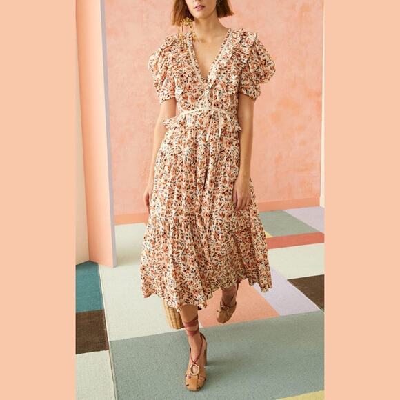 Ulla Johnson Dress Midi Wrap Orange Blue Ruffle Pleated Knit Trim Lisette US 4 - Picture 11 of 13